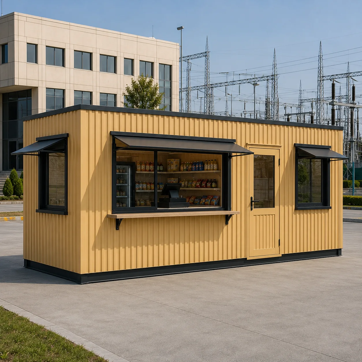 Wheat yellow 20x10 ft shop cabin with a black base skirt, an open service counter and a glazed upper door