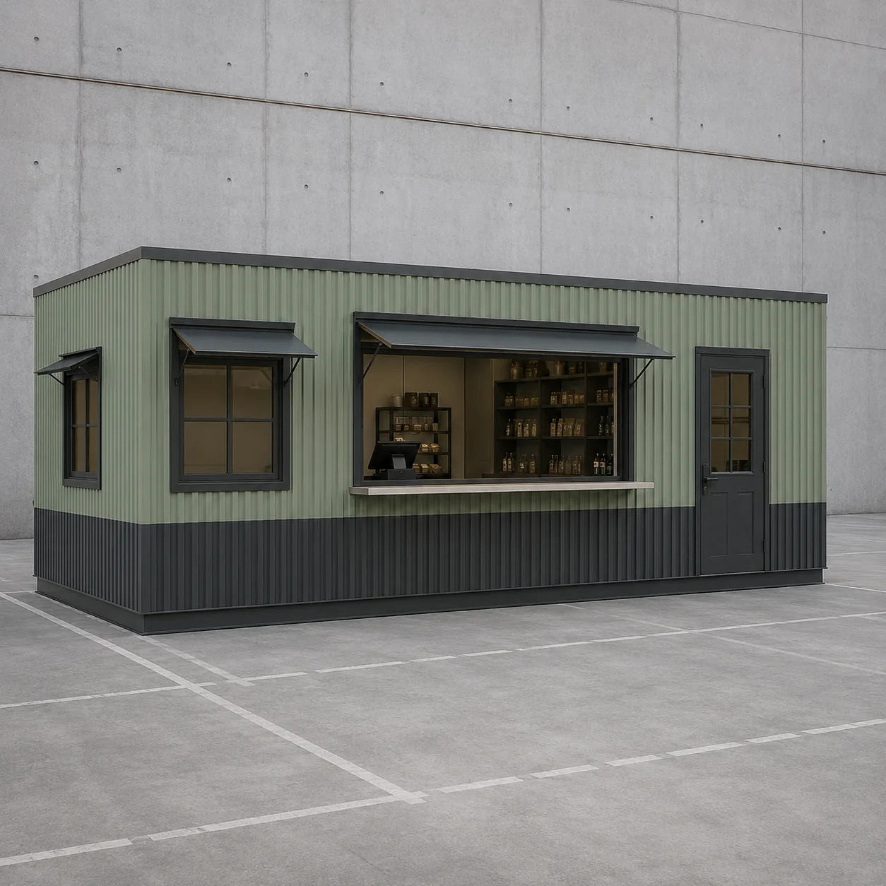 Sage 20x10 ft shop cabin with a charcoal lower band, propped awning and a six-pane glazed door