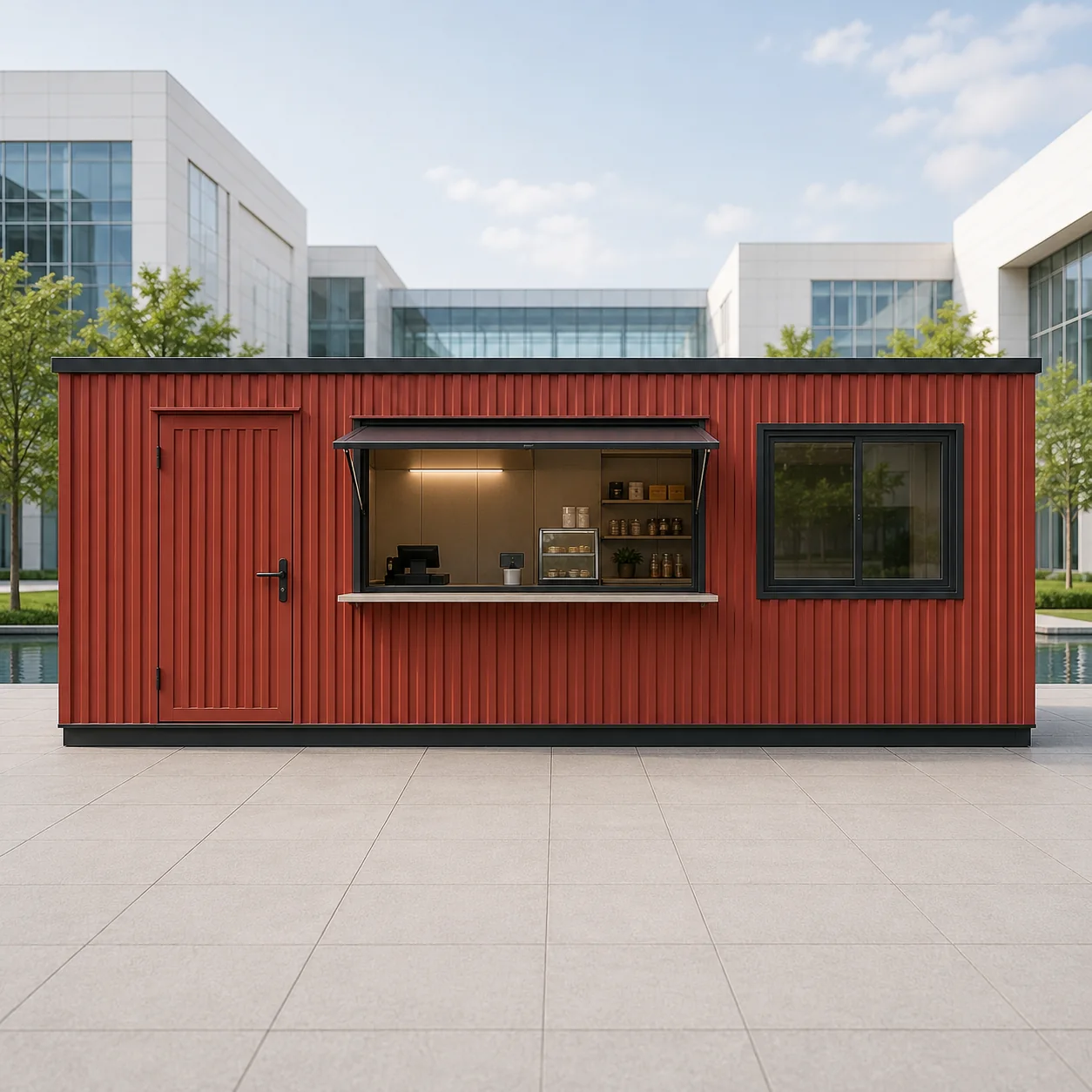 Brick red 20x10 ft shop cabin seen straight on, with a stone counter ledge and a solid red steel door
