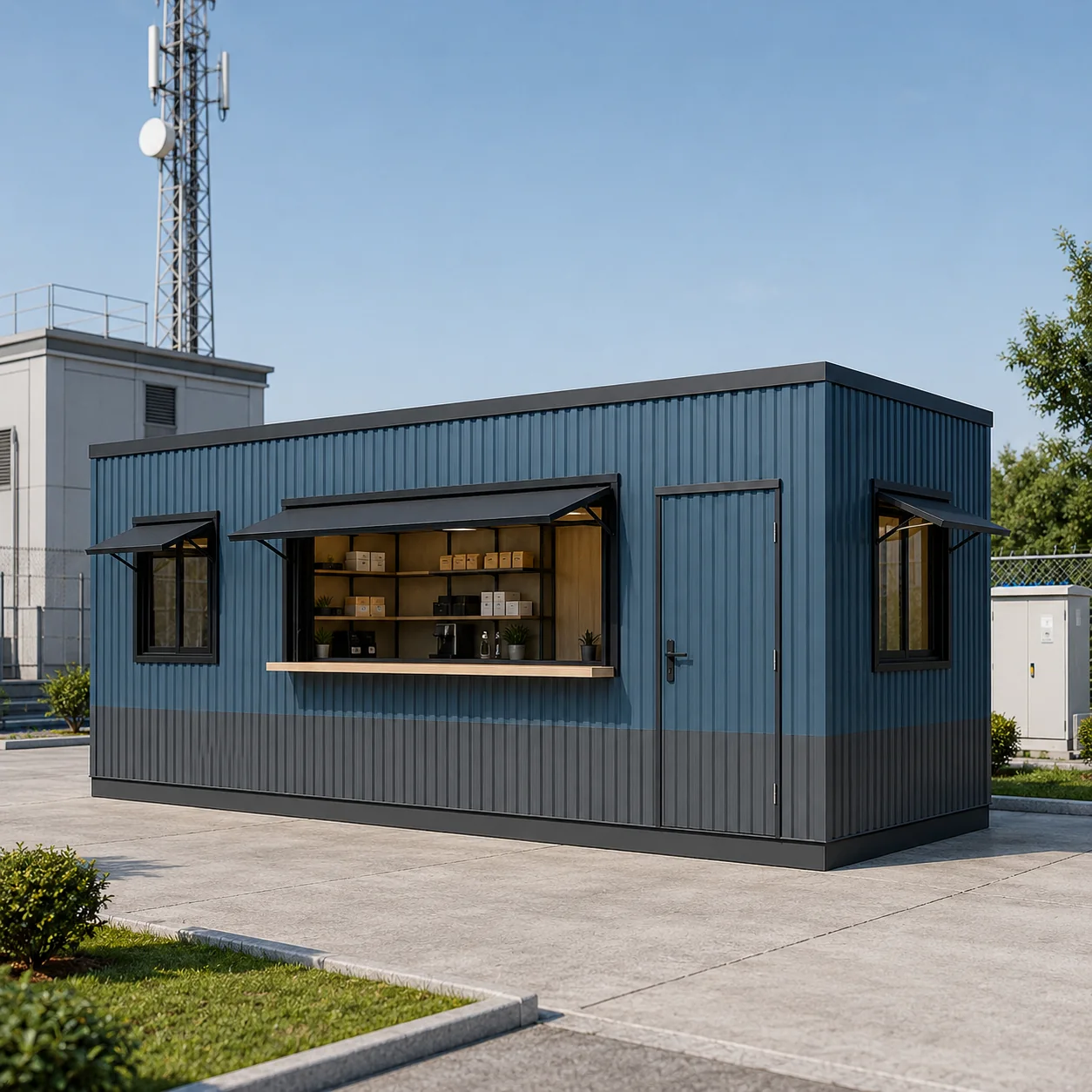 Steel blue 20x10 ft shop cabin with a dark grey lower band, a service opening and a solid charcoal door