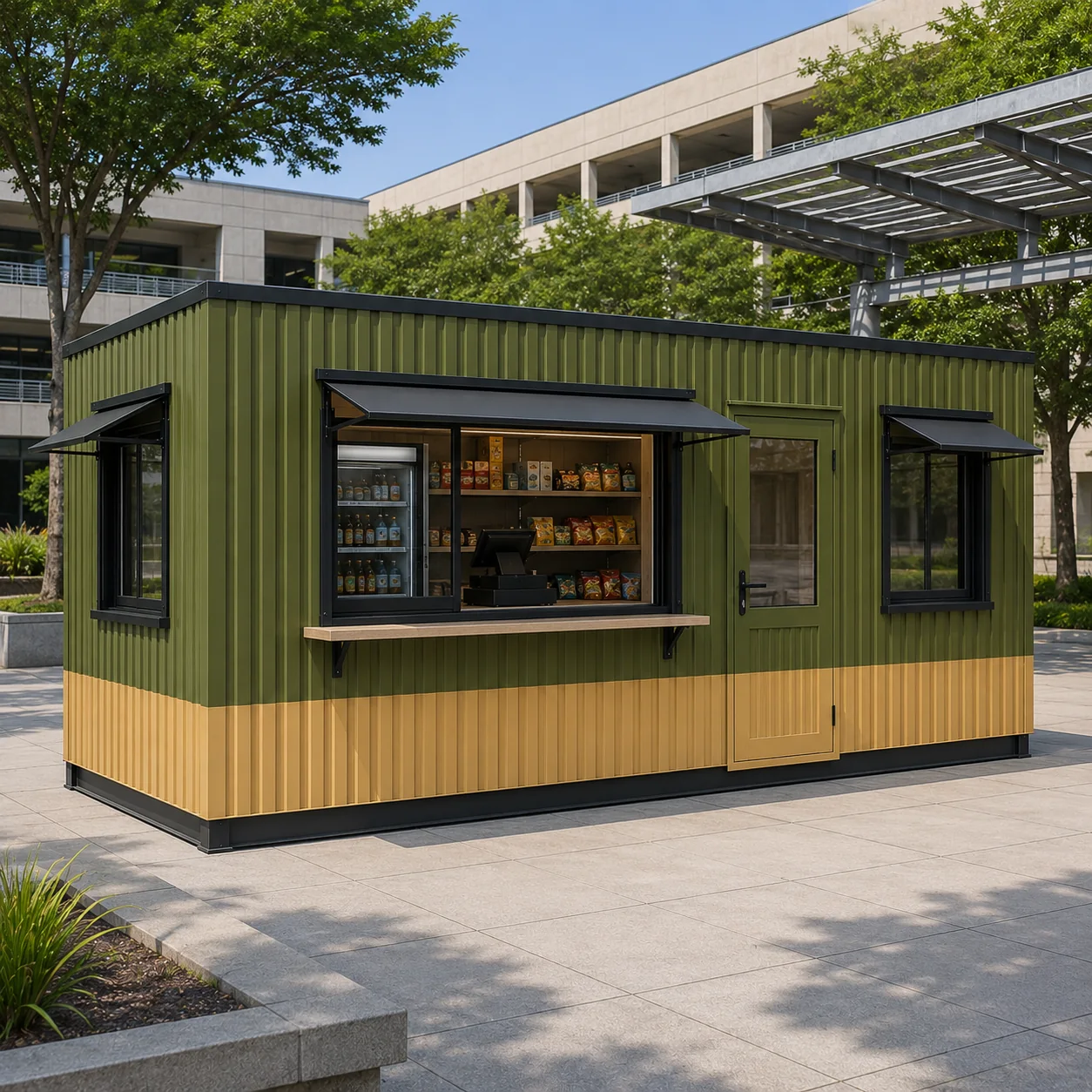 Olive 20x10 ft shop cabin with a mustard lower band, an open counter and a glass drinks chiller inside