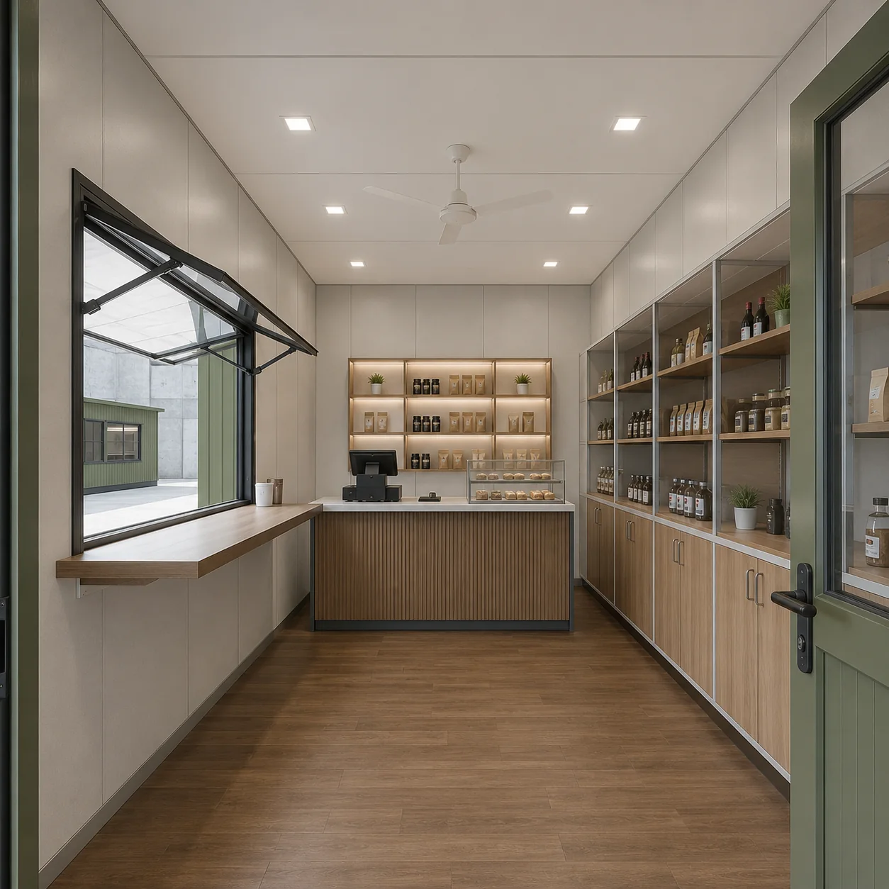 Interior of a 20x10 ft shop cabin with a slatted service counter, lit niche shelving and a glass display case