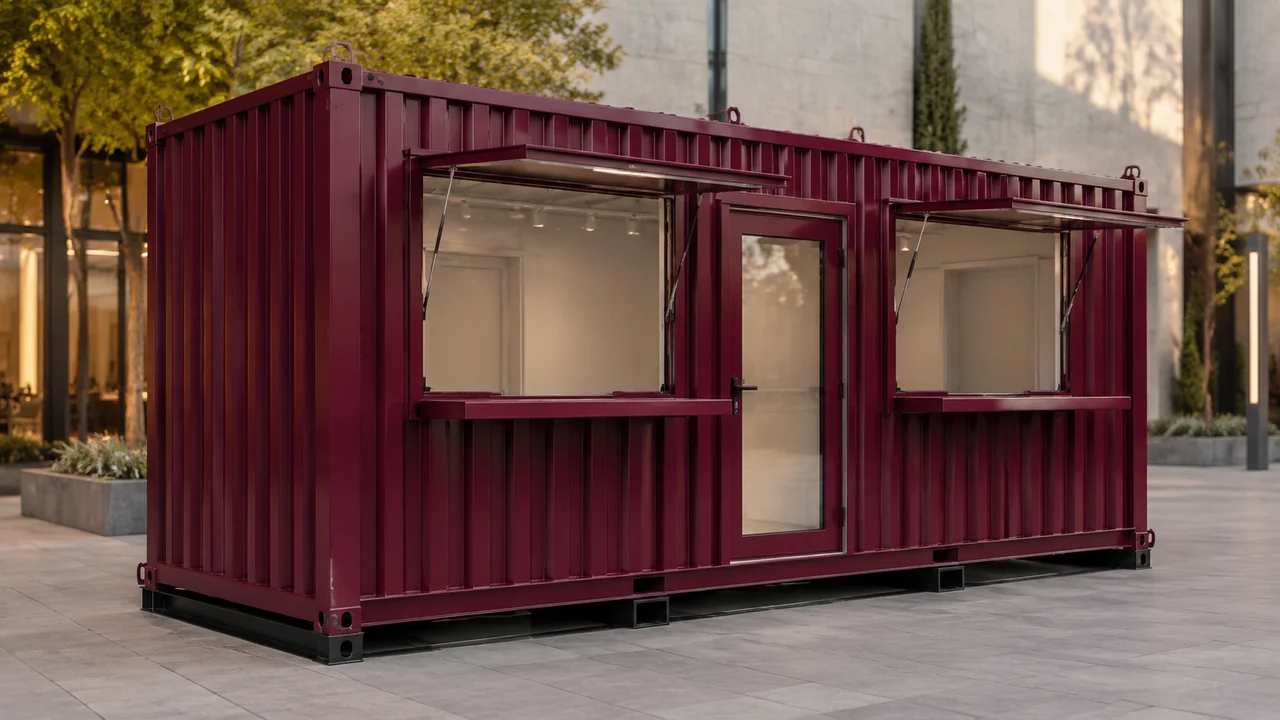 Burgundy shop cabin with two propped service openings, counter ledges and a full-height glazed door between them
