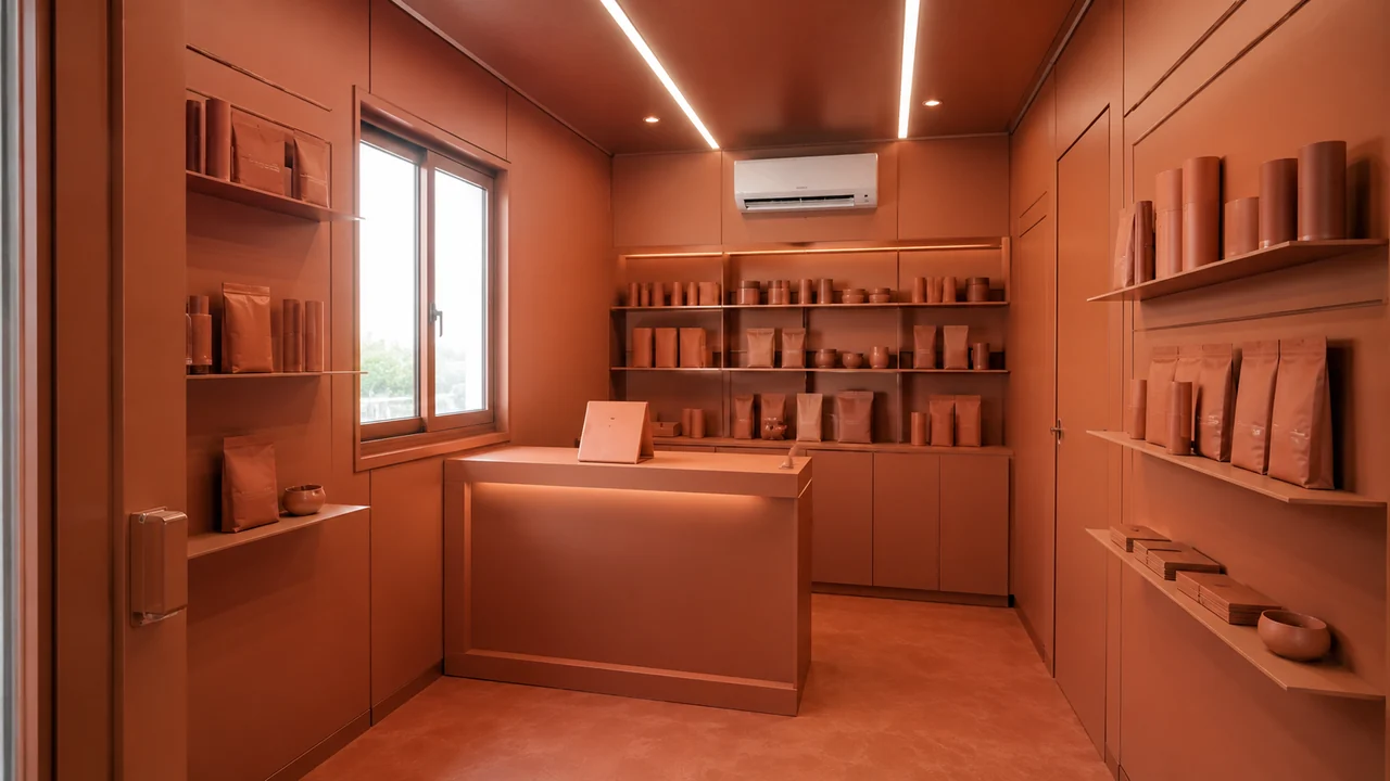Terracotta shop cabin interior with a service counter, wall shelving of pouches and canisters and a split air conditioner
