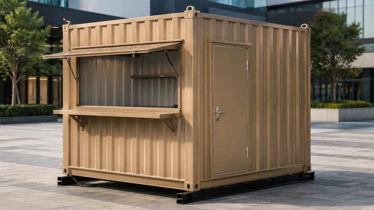Beige shop cabin on a paved surface, showing the black steel base frame, forklift pockets and corner lifting lugs