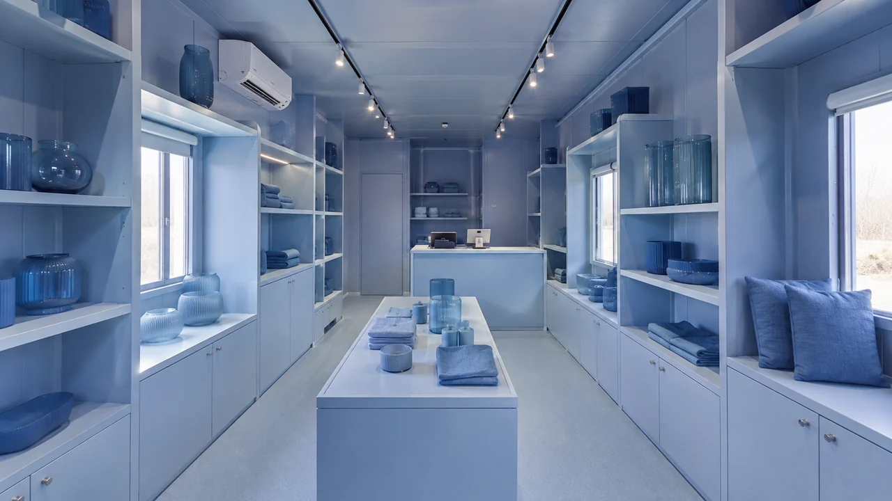 Blue shop cabin interior laid out as a walk-in floor with a central display island, perimeter shelving and a rear counter