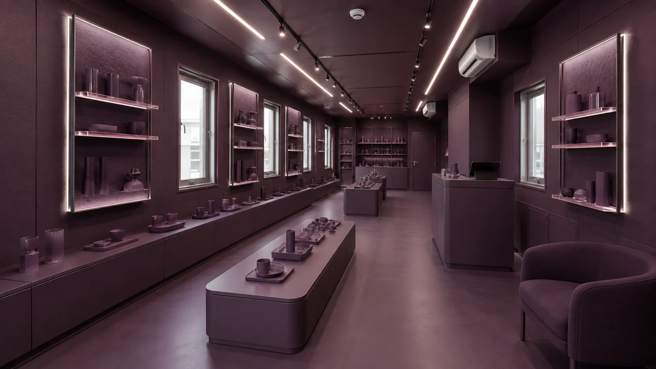 Plum shop cabin interior with long display counters, backlit wall niches, track lighting and two split air conditioners