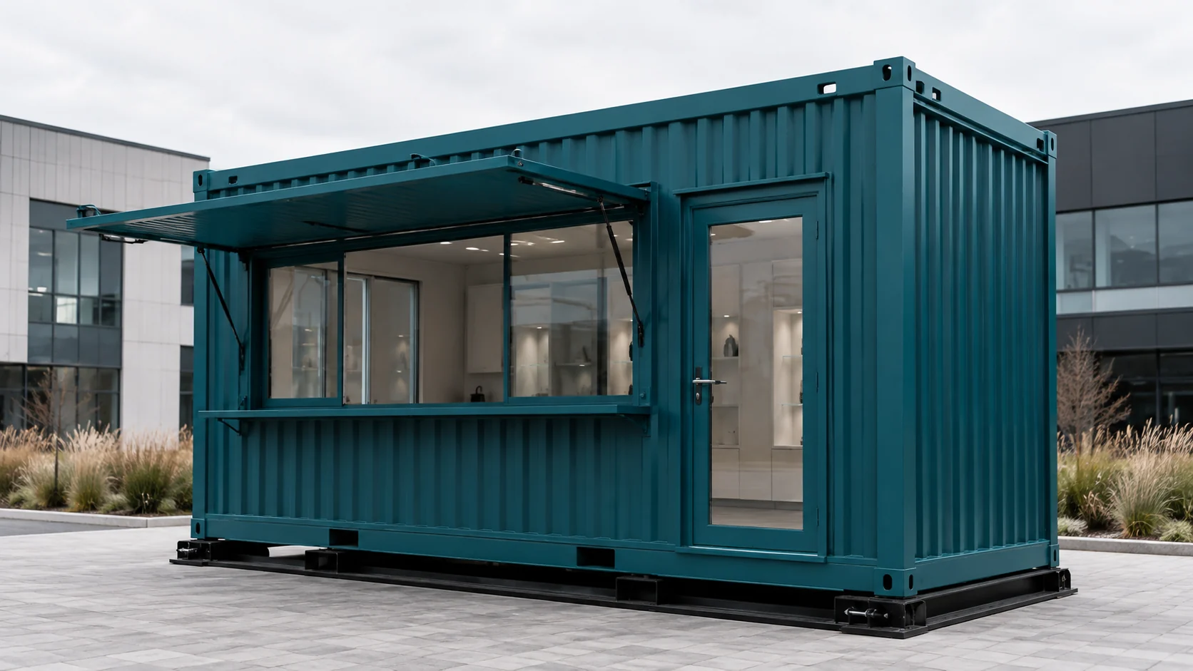 Teal shop cabin with a wide propped service opening, a counter ledge and a full-height glazed customer door