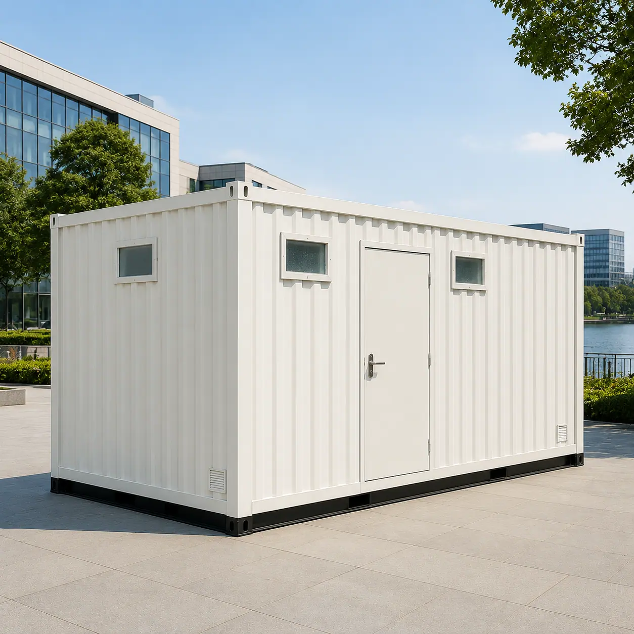 Elevated view of 20×10 ft porta cabin with toilet used as self-contained site office