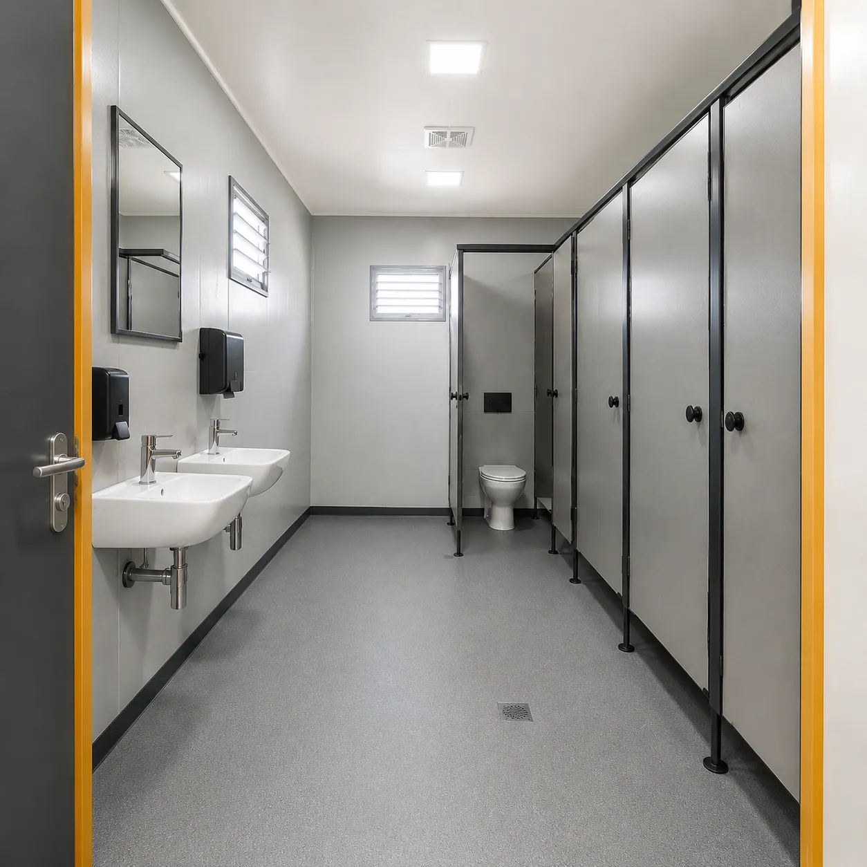 Inside a 20×10 ft porta cabin with toilet, entrance and plumbed sanitation area