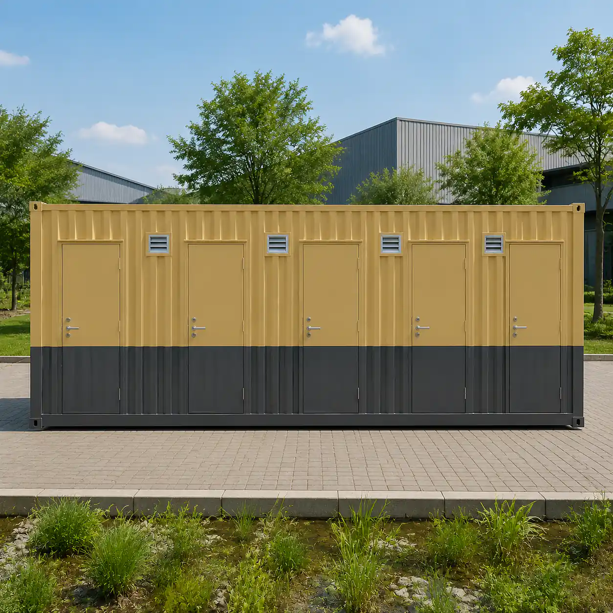 20×10 ft porta cabin with toilet, side view showing cabin and attached toilet section