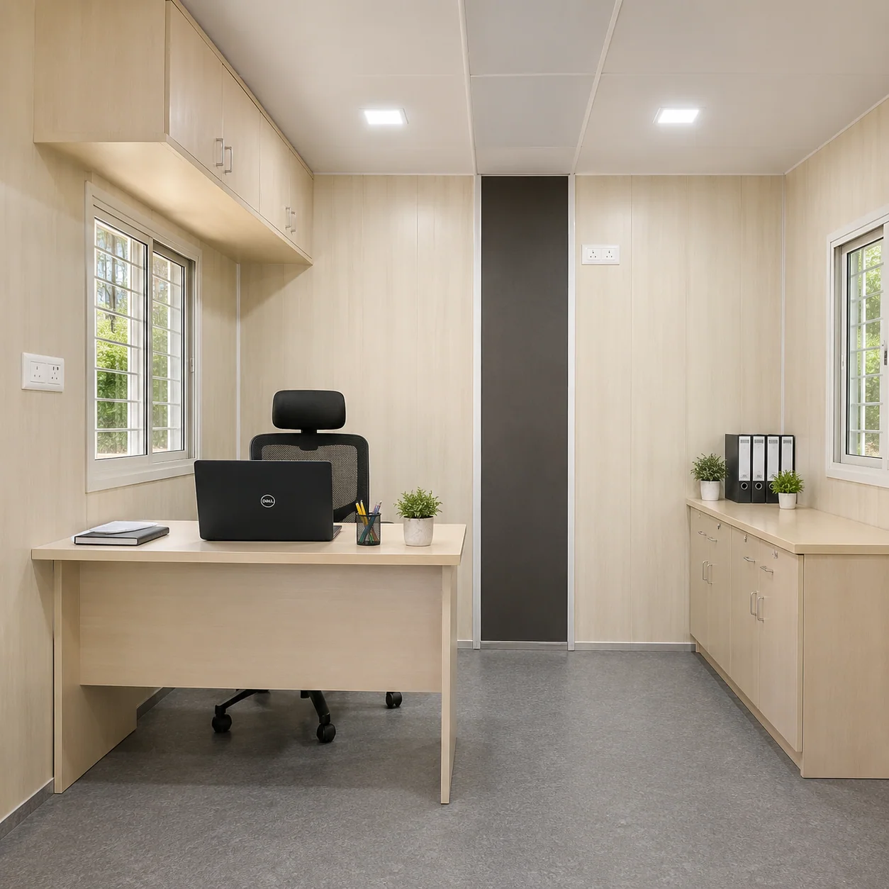 Inside a 20×10 ft porta cabin with toilet, workspace and plumbed sanitation area