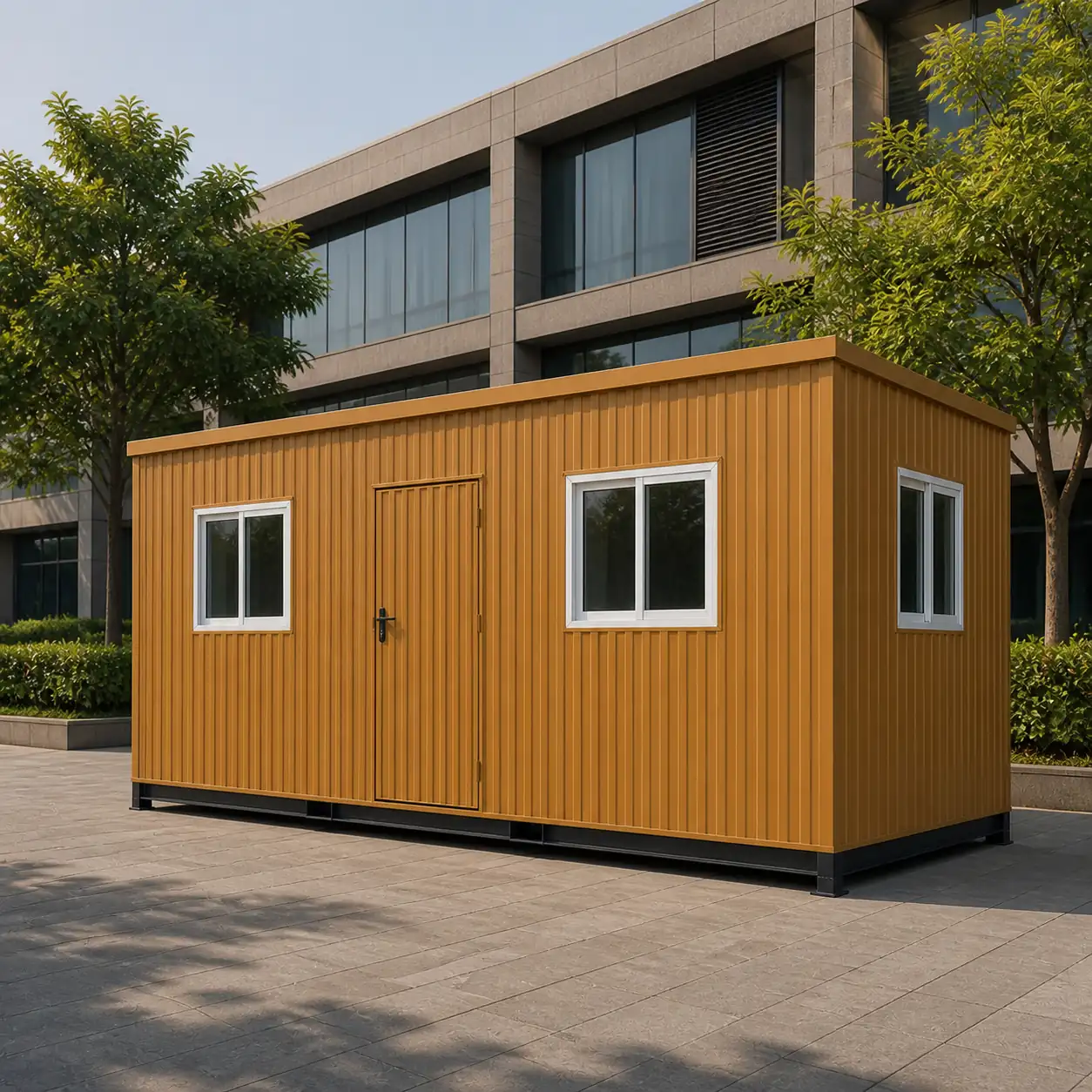 Desert Ochre 20x10 ft porta cabin at a corporate frontage, door and three windows visible