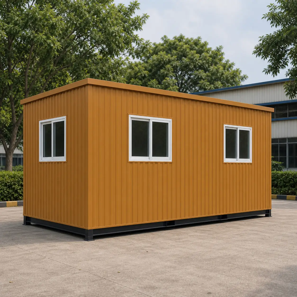 Desert Ochre 20x10 ft porta cabin rear corner showing three sliding windows along the long wall