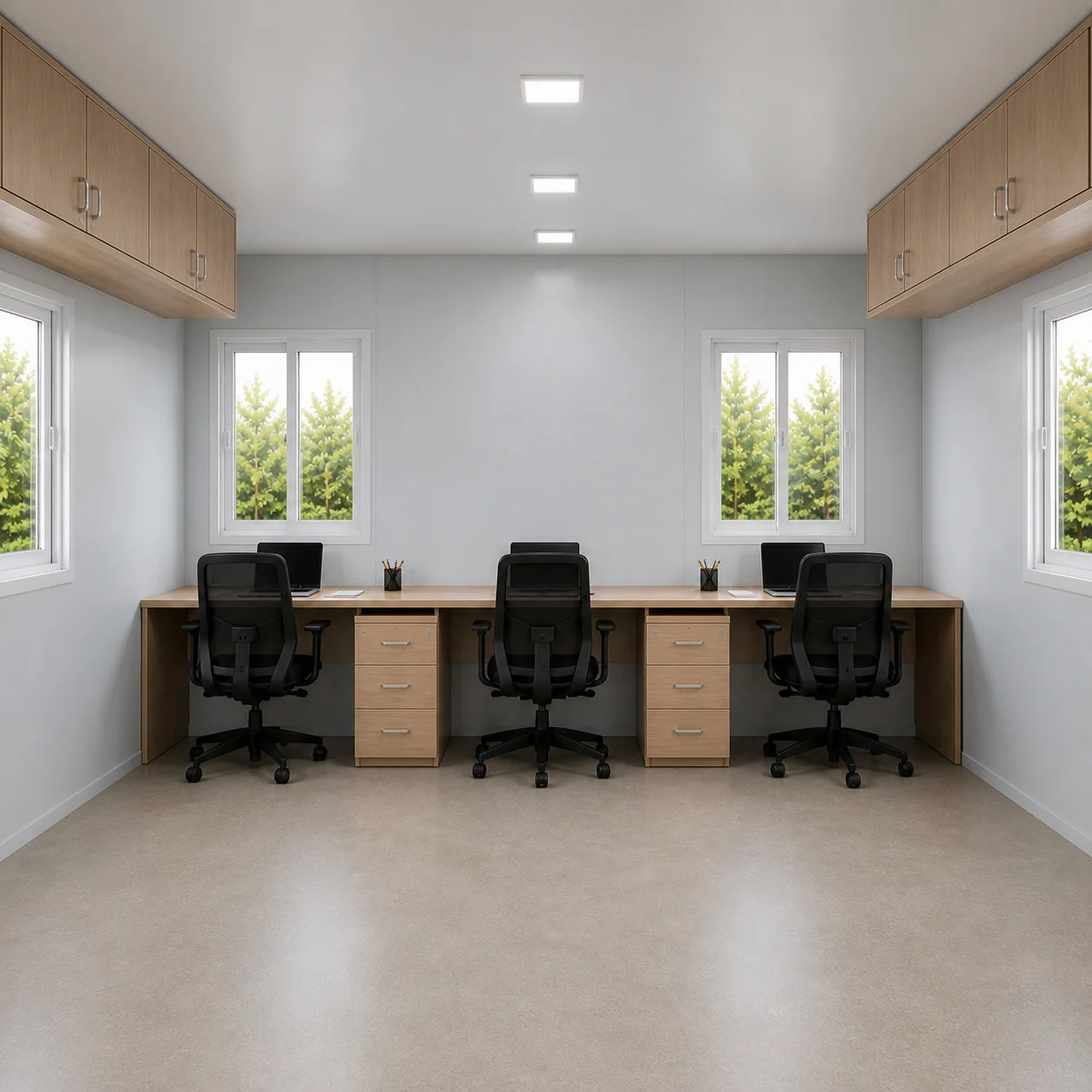 Mist Blue-Grey 20x10 ft interior, continuous desk run below two sliding windows and wall cabinets