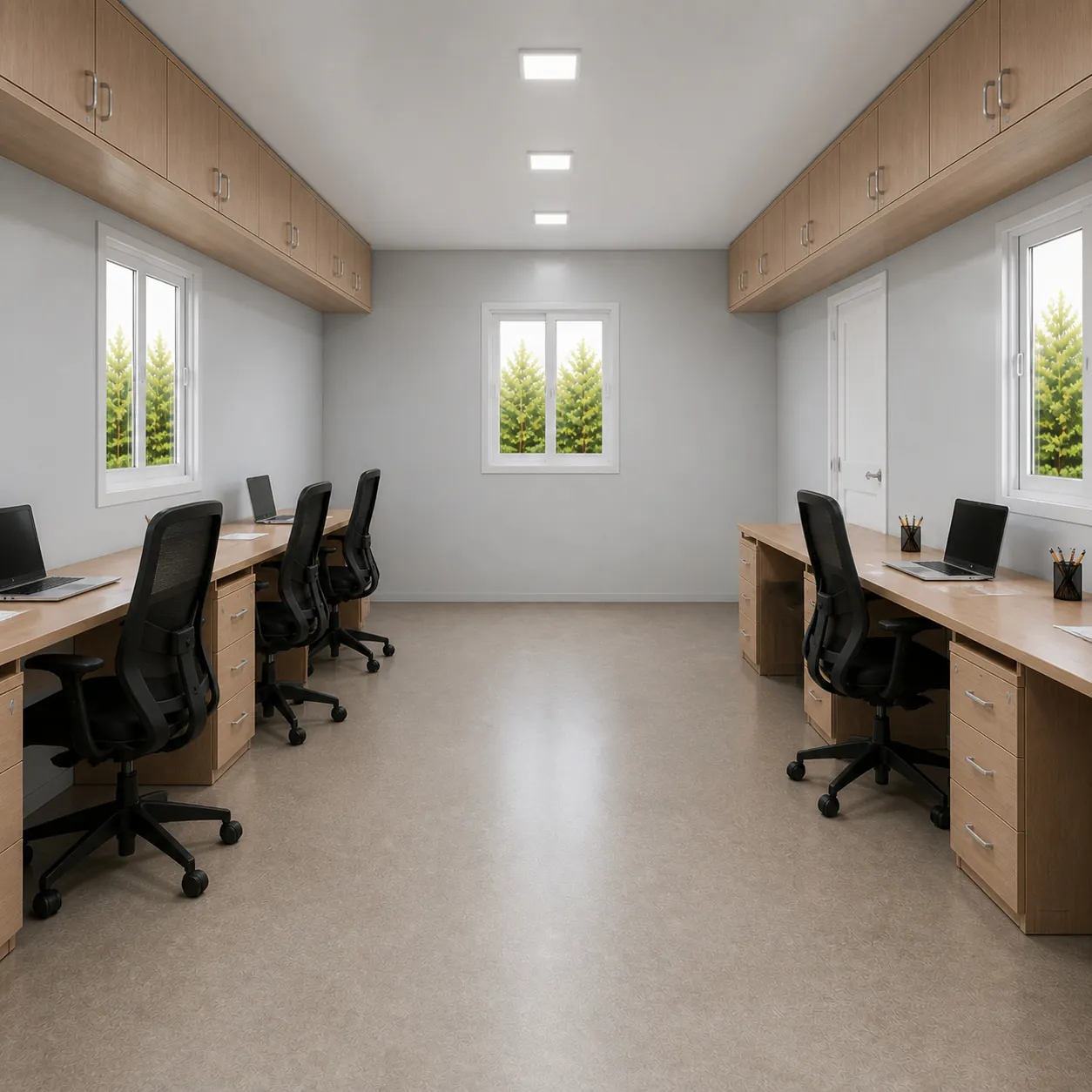 Mist Blue-Grey 20x10 ft interior from the left end, desk runs on both sides with a clear aisle