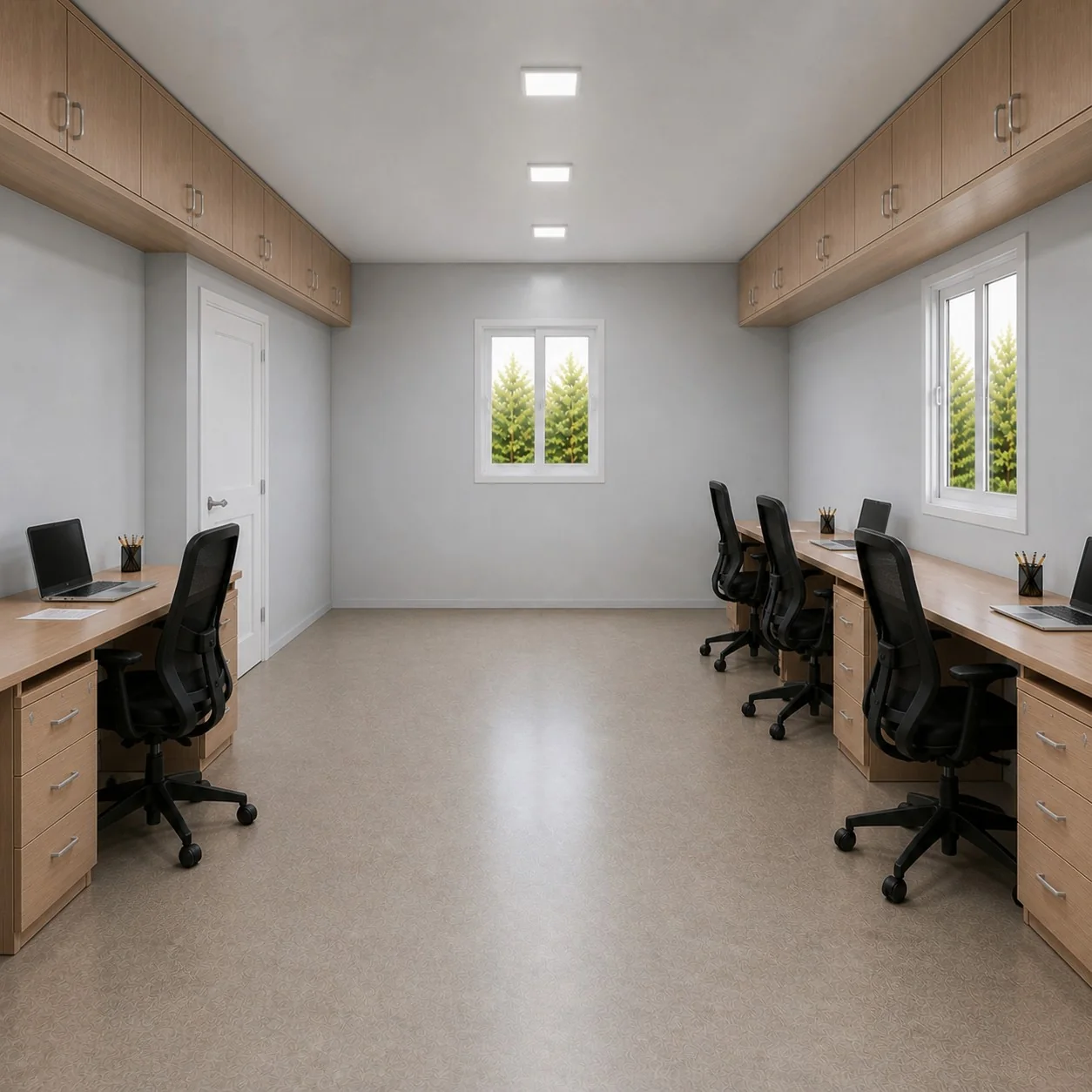 Mist Blue-Grey 20x10 ft interior from the right end, white internal door beside the left desk run