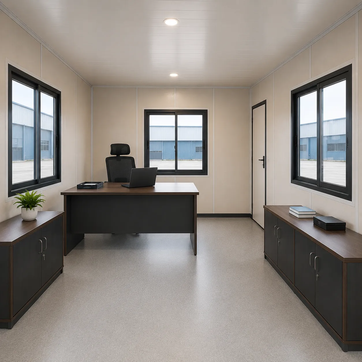 Interior of 20x10 ft porta cabin set up as site office workspace