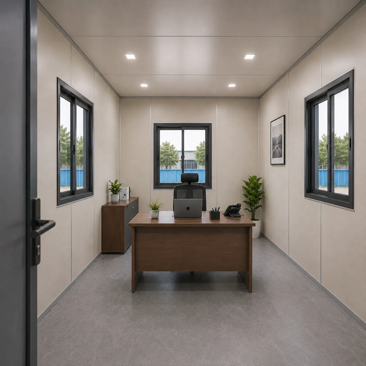 Entrance view into 20x10 ft porta cabin interior