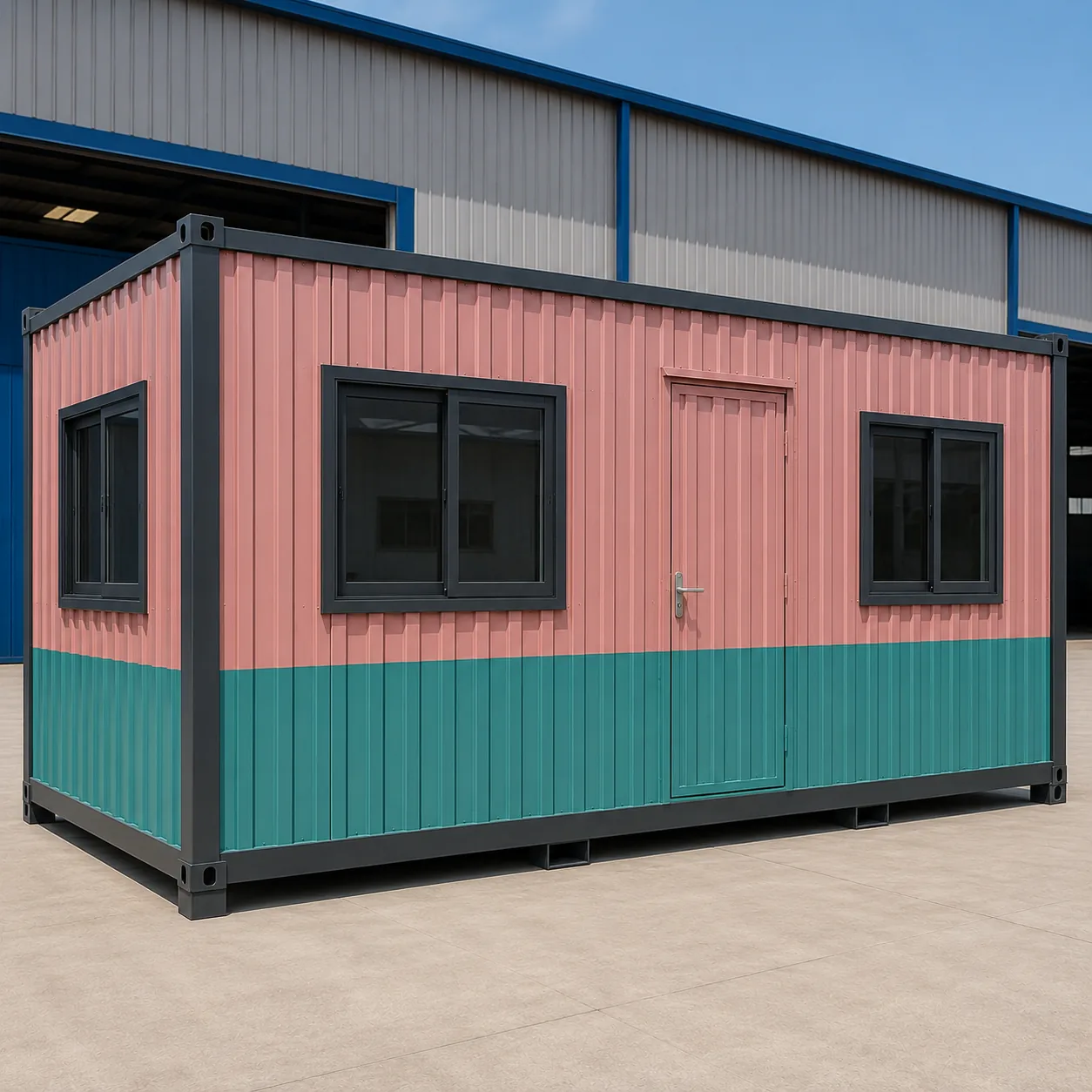 Front angle of 20x10 ft porta cabin showing door and window placement