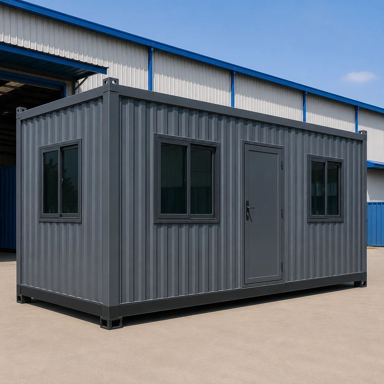 20x10 ft SAMAN porta cabin exterior with corrugated MS walls and sliding windows