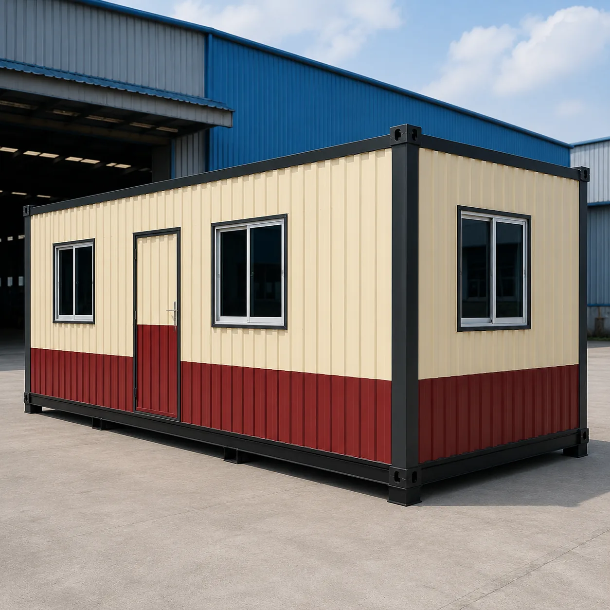 Angled exterior view of 20x10 ft porta cabin showing door and window placement