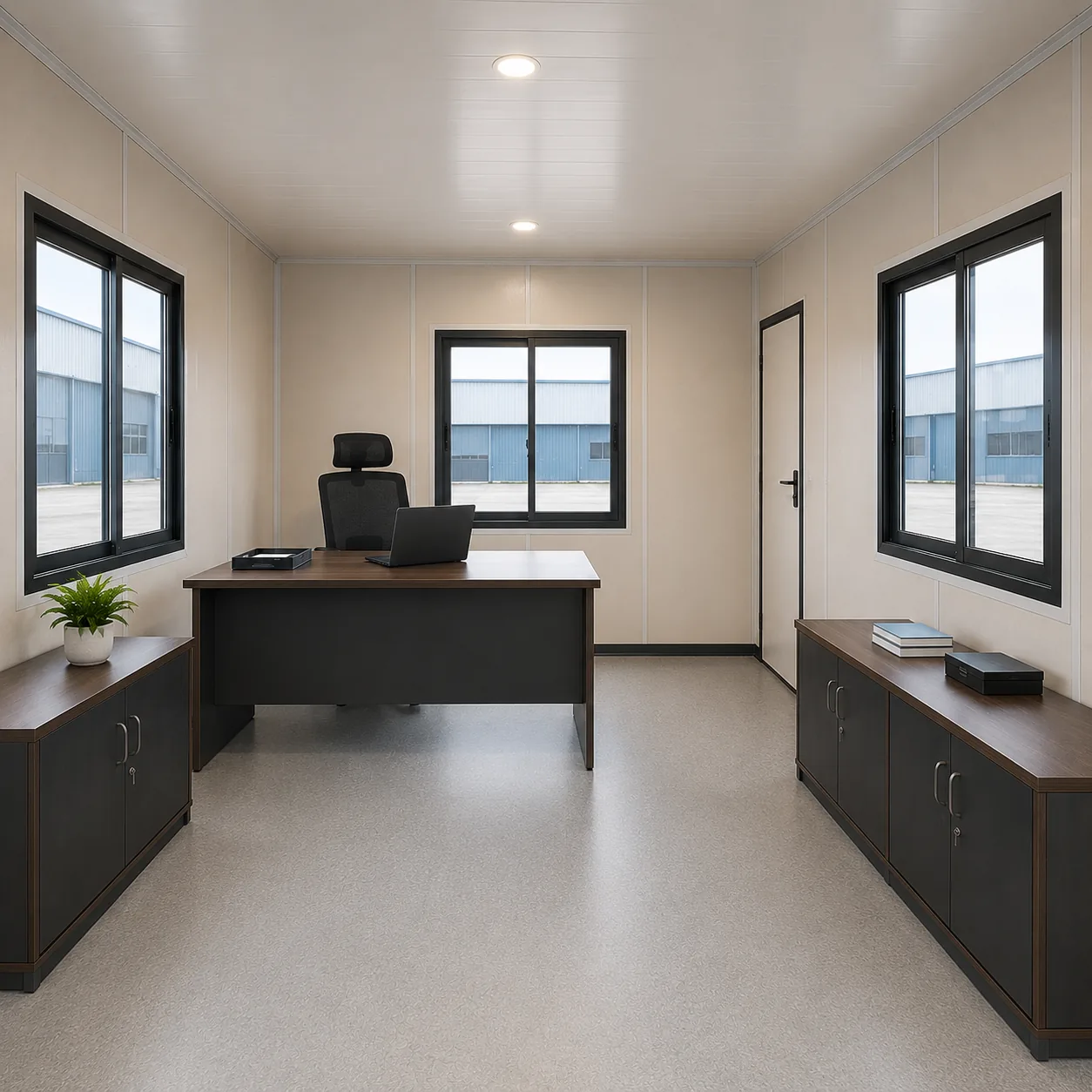 Interior of 20x10 ft porta cabin with lined walls, vinyl floor and workspace