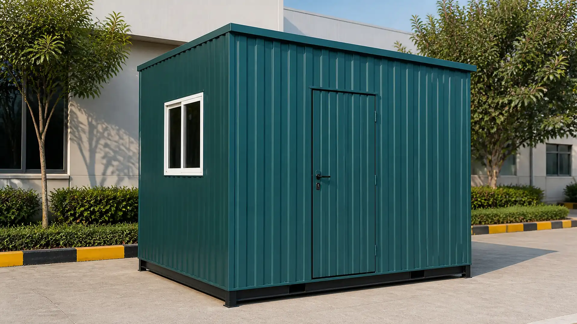 Oxford Teal 10x10 ft porta cabin on a paved yard, door and one window on the front face