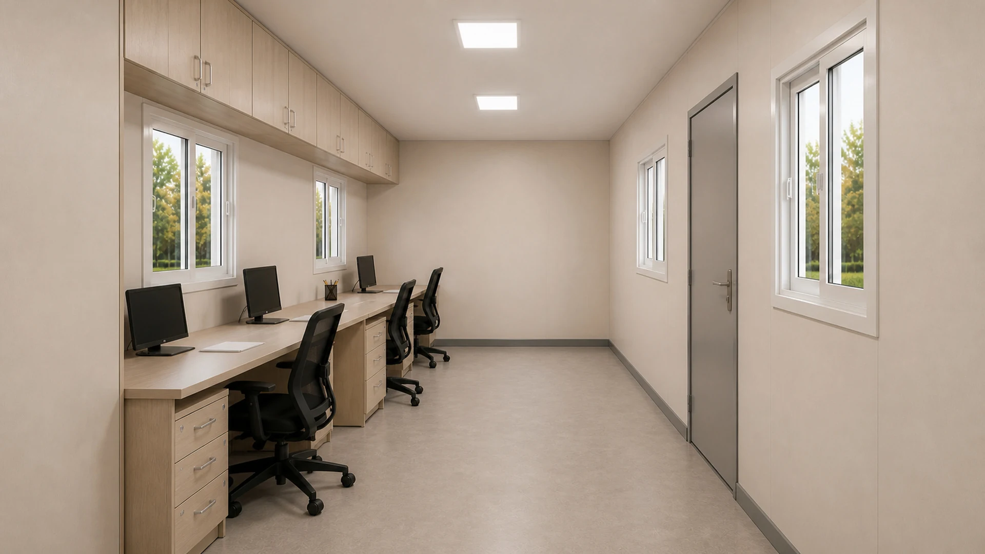 Almond Stone 20x8 ft porta cabin interior, single desk run and circulation strip to the grey door