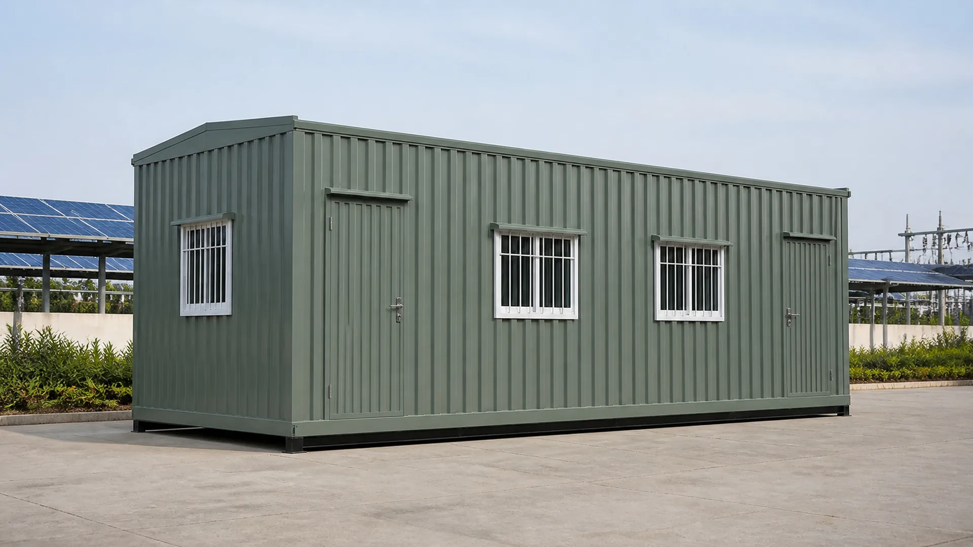 Eucalyptus Grey-Green 30x10 ft porta cabin with two doors and grilled windows beside a solar array