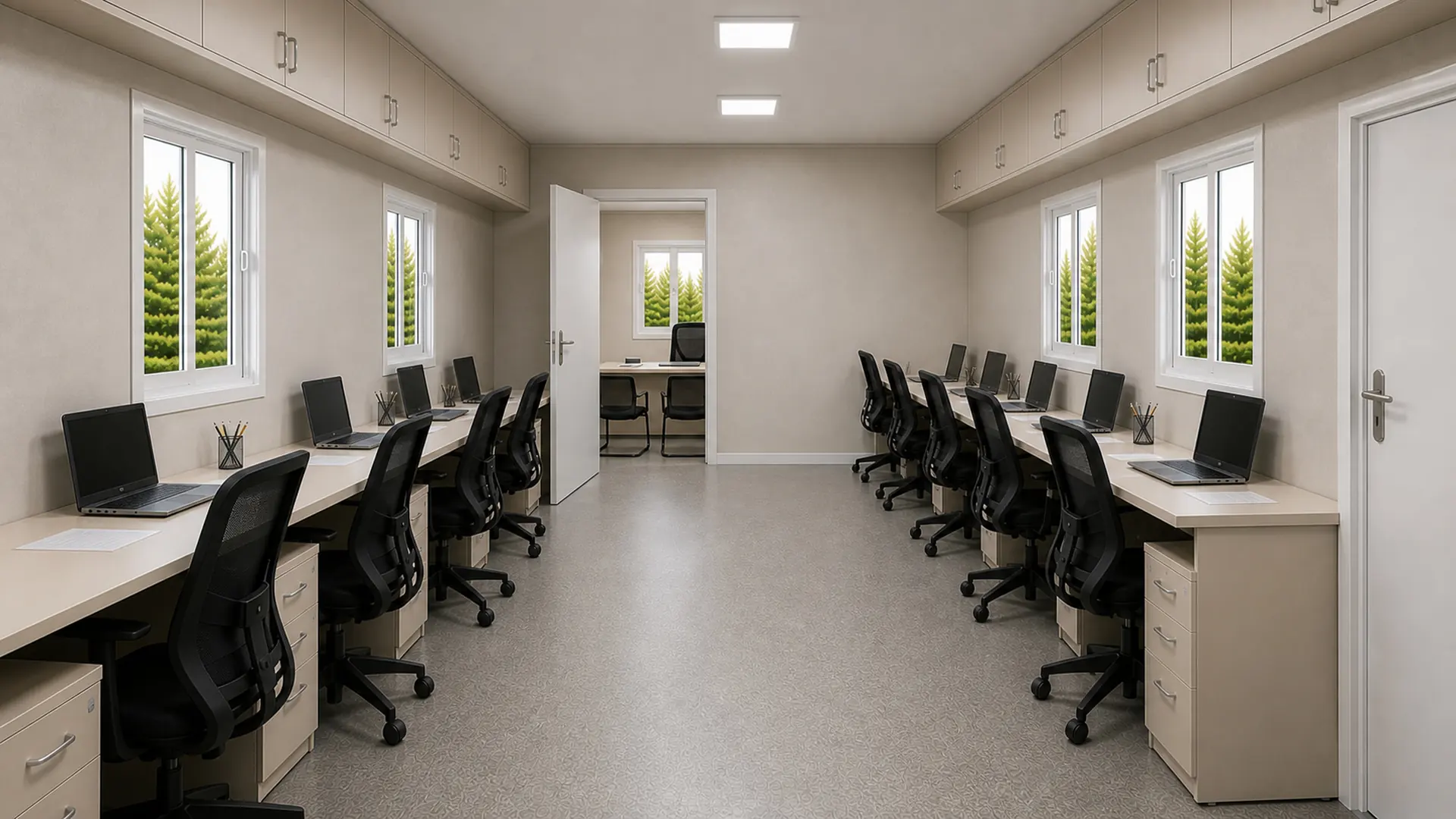 Champagne Linen 40x10 ft porta cabin with the manager cabin door open off the common office