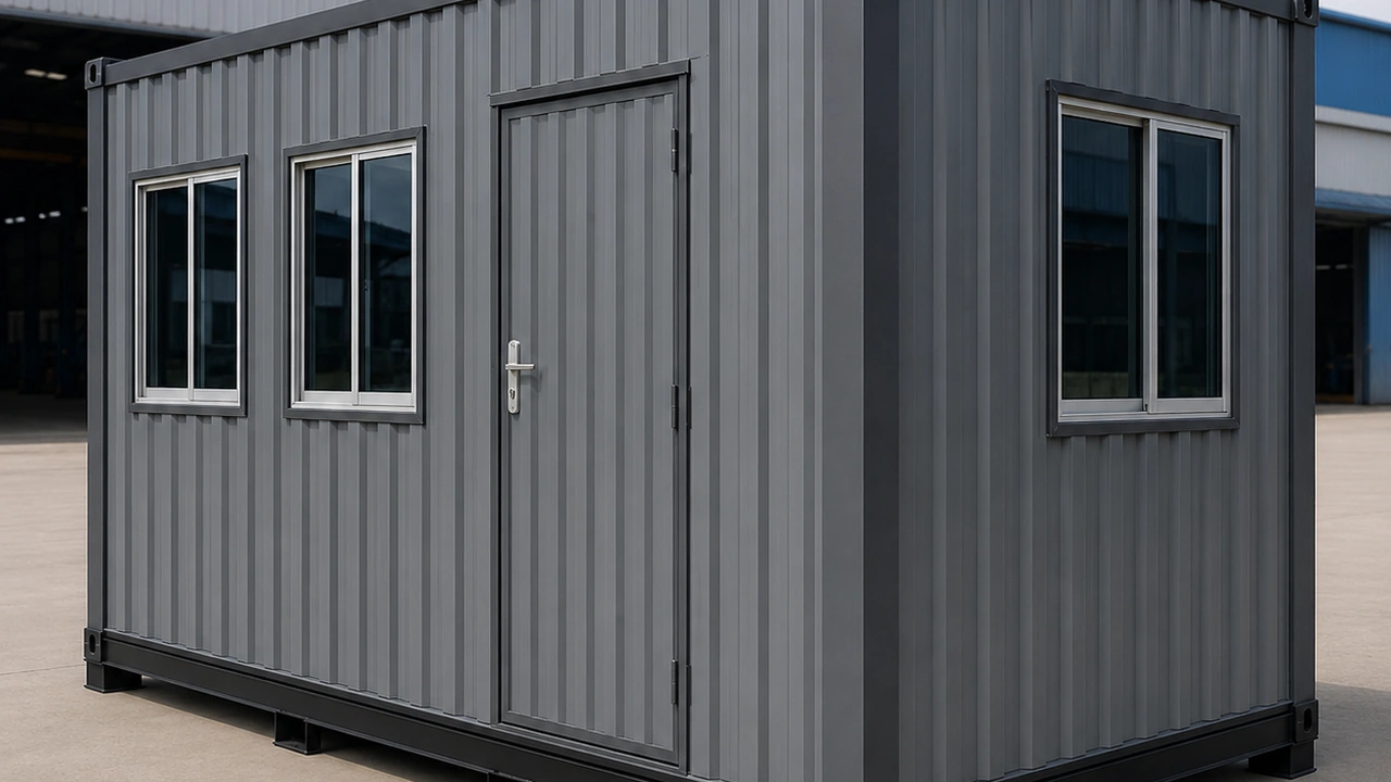 Compact grey porta cabin in a factory yard with corrugated cladding, sliding windows and steel base frame