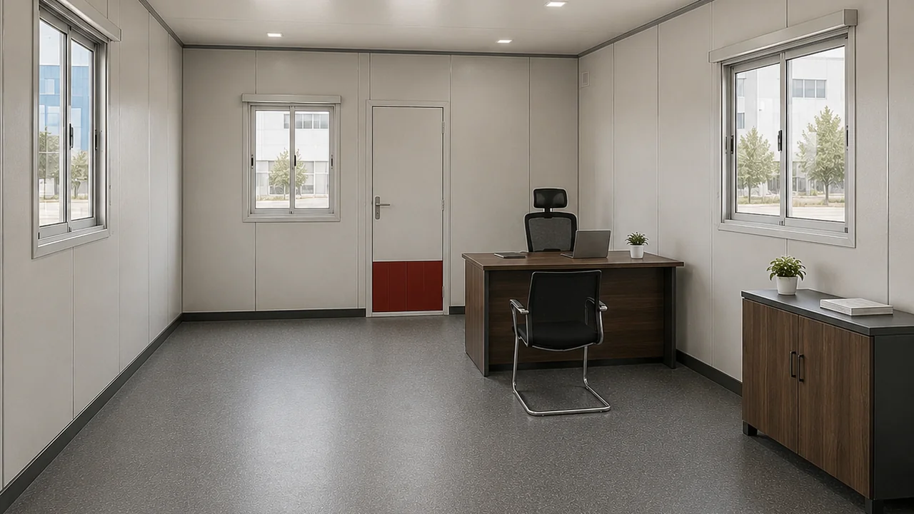 Interior of a 20x12 ft porta cabin with lined walls, vinyl floor, office desk and internal door