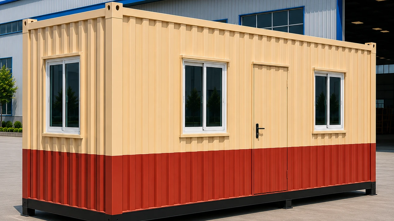 Narrow SAMAN porta cabin with corrugated MS walls, sliding windows and outward-opening door on the long face