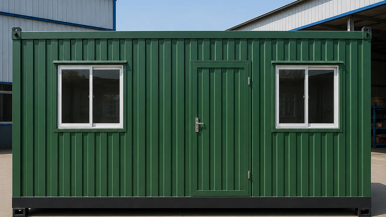 Dark green 20x10 ft porta cabin seen straight on, door centred between two sliding windows