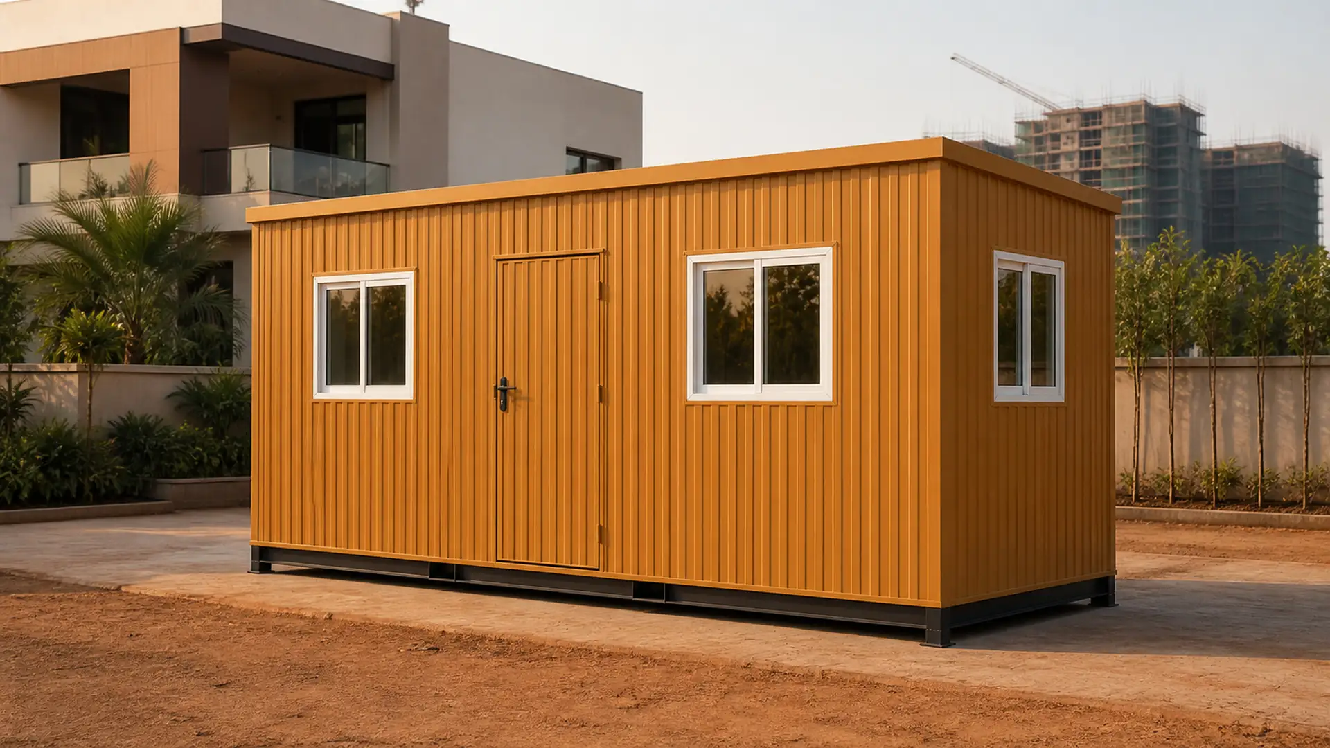 Desert Ochre 20x10 ft porta cabin placed on levelled ground at an active construction site