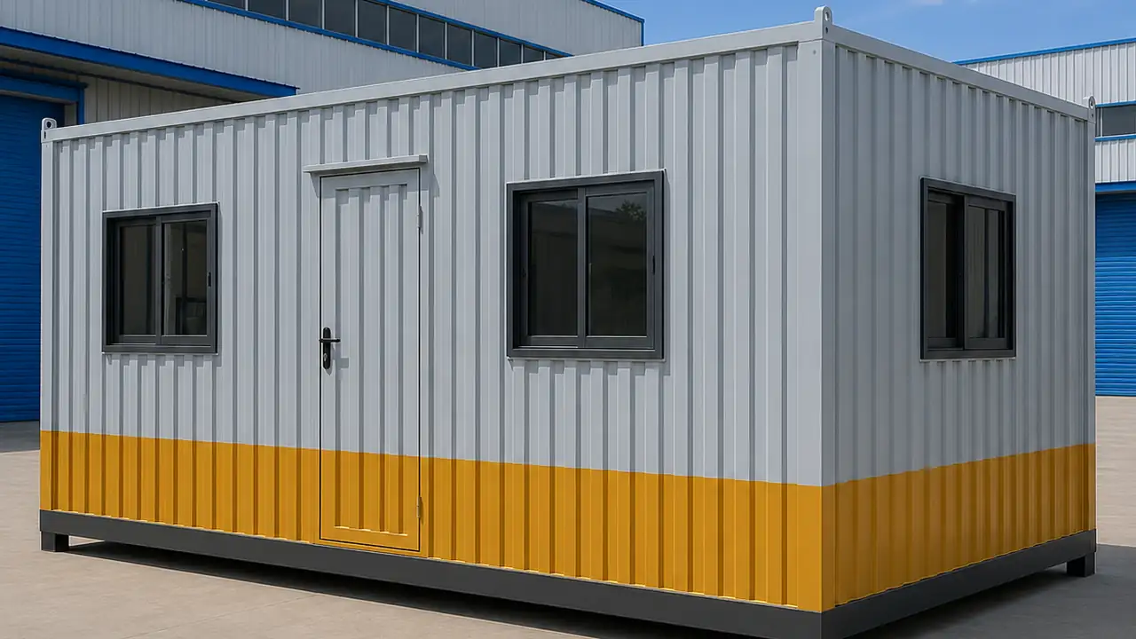 Elevated view of a 20x10 ft SAMAN porta cabin exterior