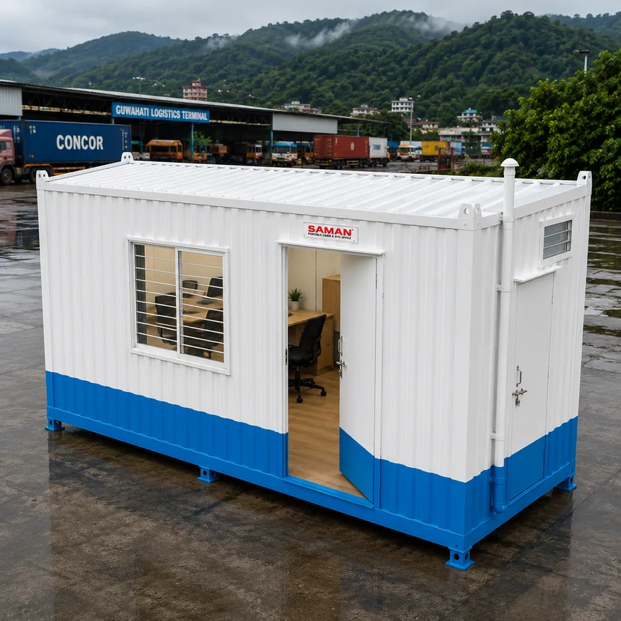 Portable cabin with toilet 20×10 ft, elevated view, relocatable room with one attached washroom by SAMAN Portable