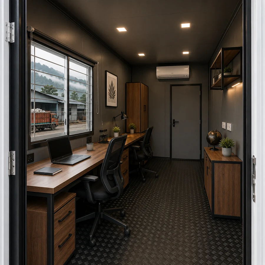 Inside a 20×10 ft portable cabin with toilet, entrance interior, room with one partitioned washroom