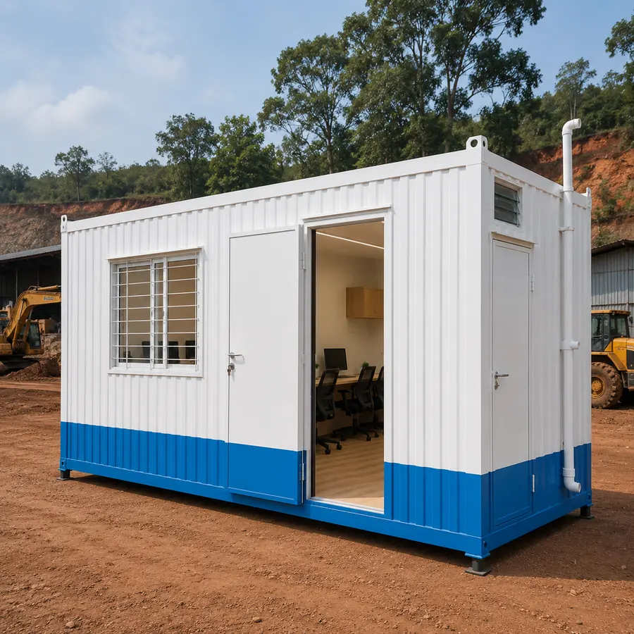 Portable cabin with toilet 20×10 ft, front angle, relocatable room with one attached washroom by SAMAN Portable