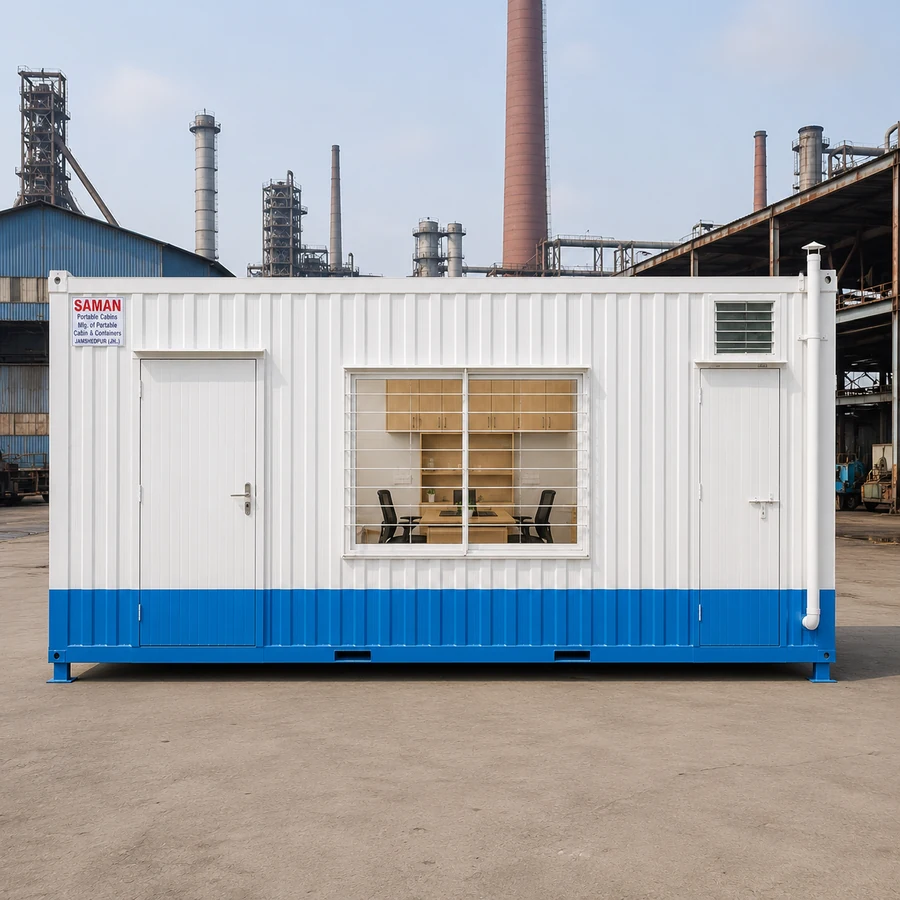 Portable cabin with toilet 20×10 ft, side elevation, relocatable room with one attached washroom by SAMAN Portable