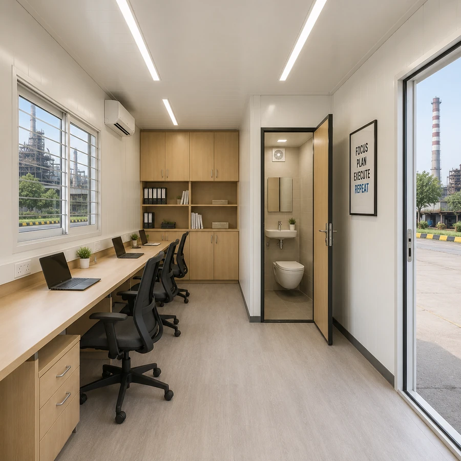 Inside a 20×10 ft portable cabin with toilet, space interior, room with one partitioned washroom