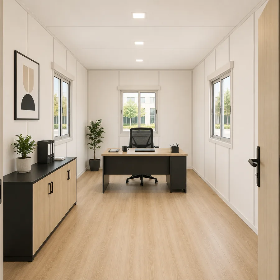 Inside a 20x10 ft portable cabin — entrance interior, factory-finished relocatable unit