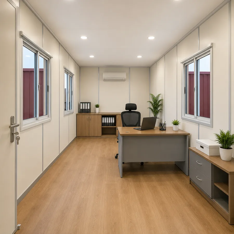 Inside a 20x10 ft portable cabin — workspace interior, factory-finished relocatable unit