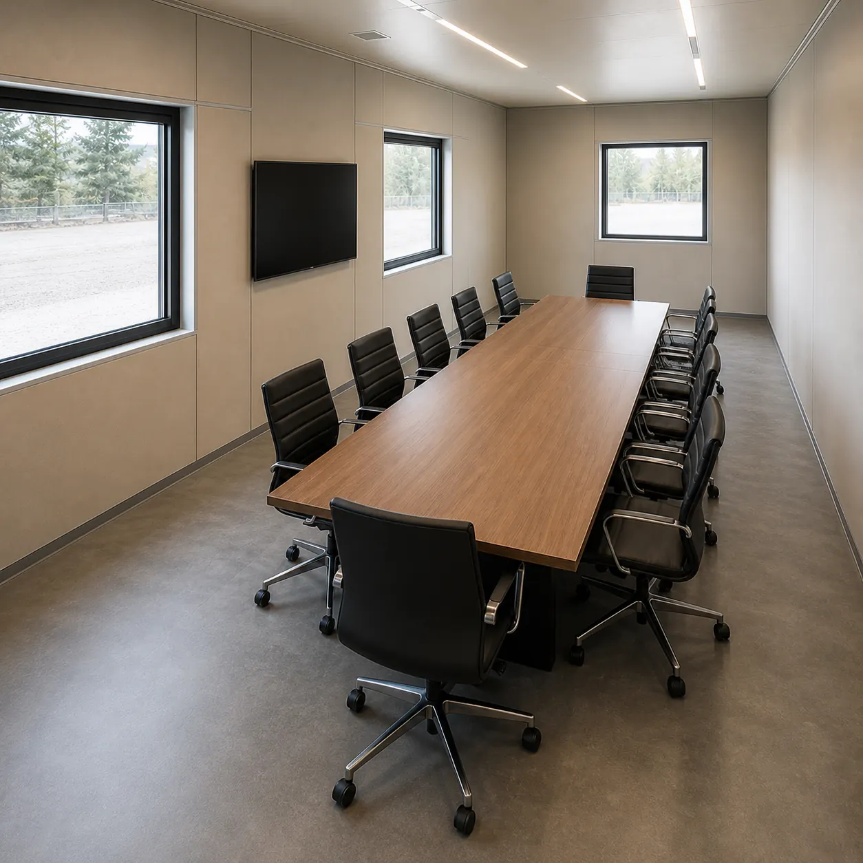 14 ft × 5 ft conference table in the 20×10 ft portable conference cabin, seating 12, with the display mounted on a solid wall bay clear of every opening.