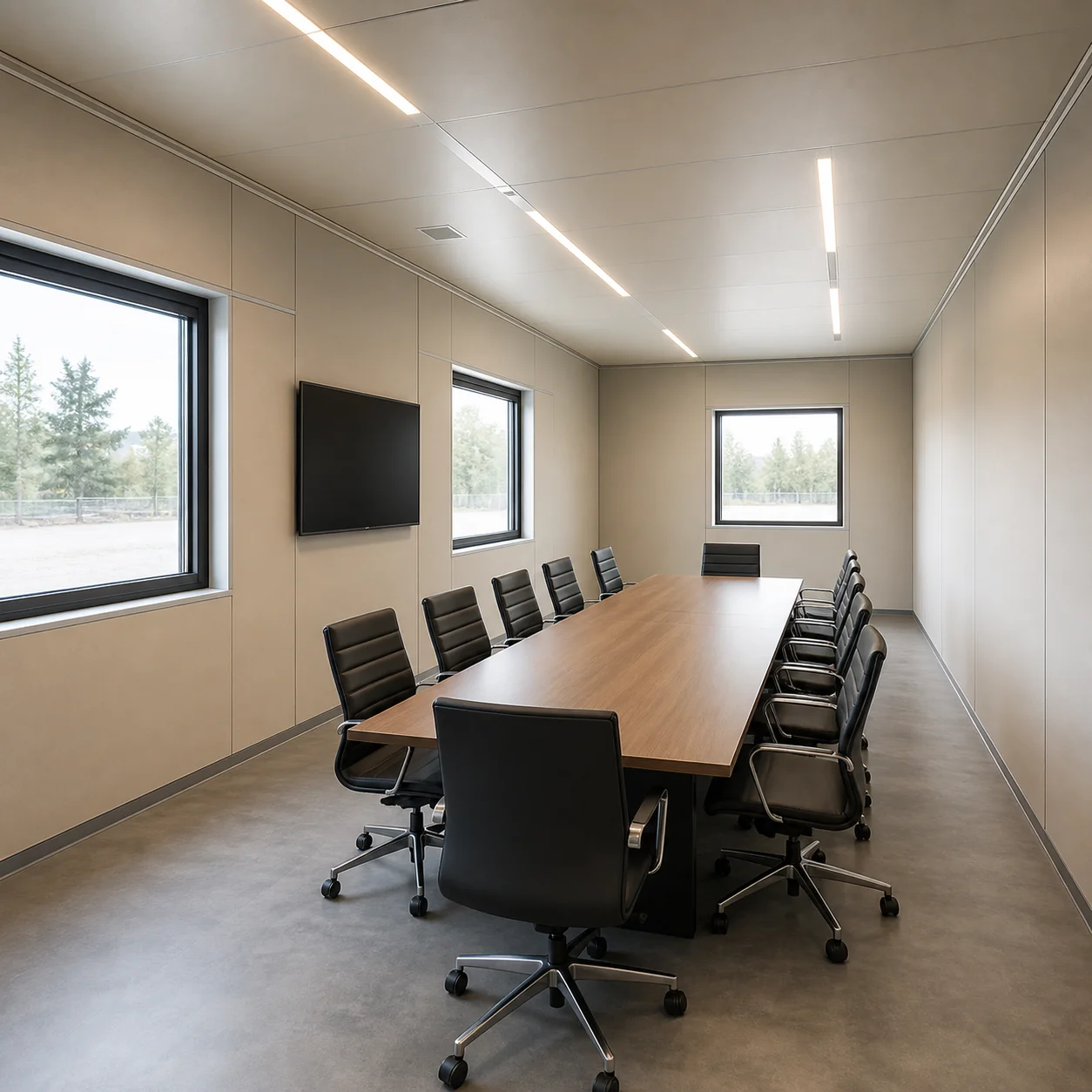 Inside the 20×10 ft portable conference cabin from the door: 14 ft × 5 ft conference table on the centreline with 12 chairs and the solid presentation bay ahead.