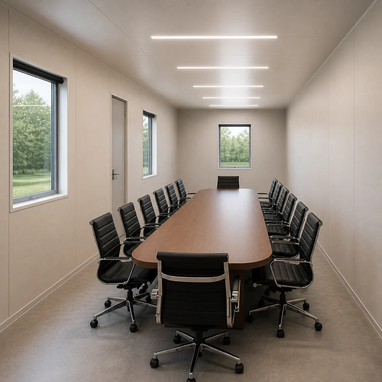 Reverse view of the 20×10 ft portable conference cabin interior in light greige: 3 ft at both ends, 2.5 ft each side of clear circulation around the table.