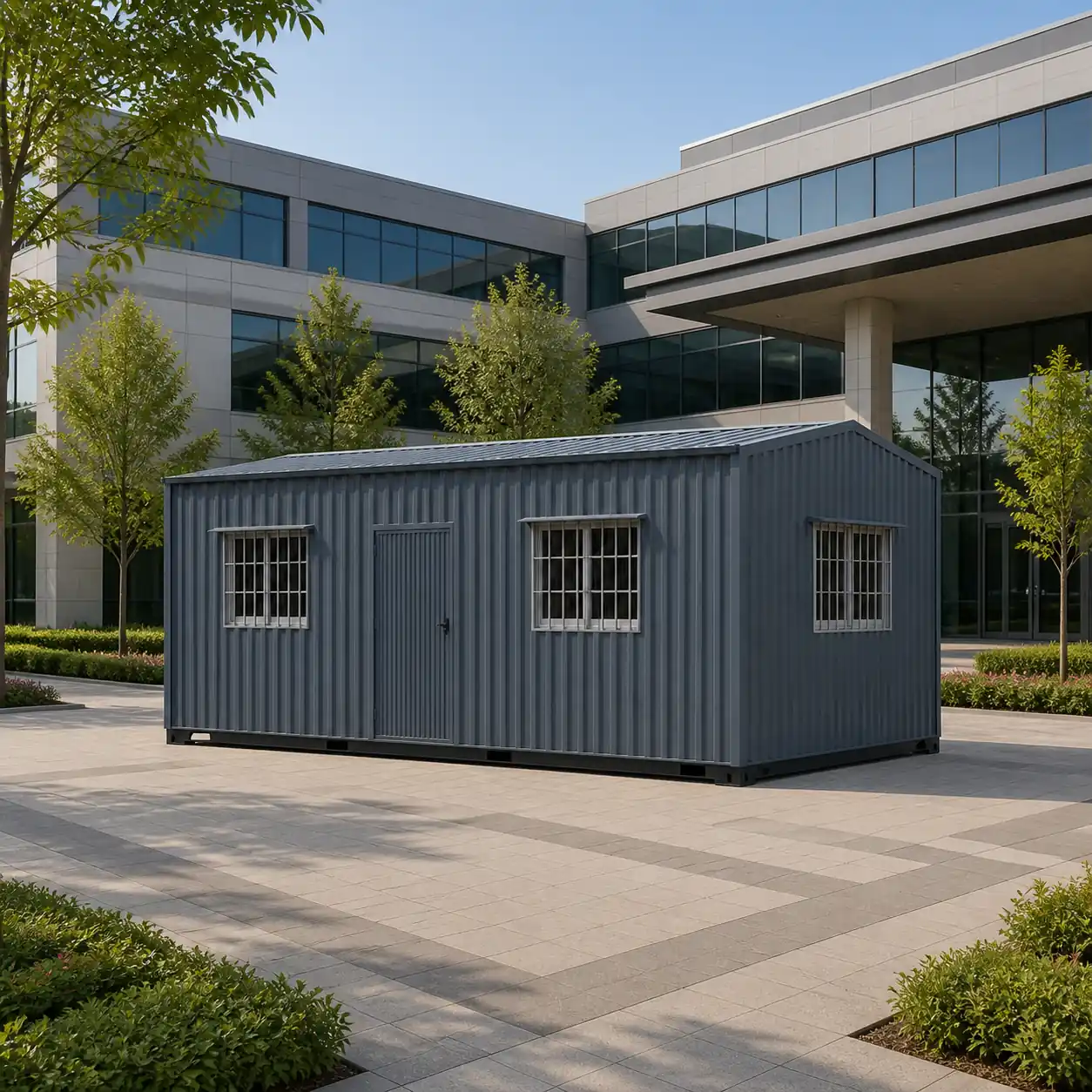 20×10 ft portable conference cabin placed on a paved standing area, showing the door side clearance needed for the outward-opening door.