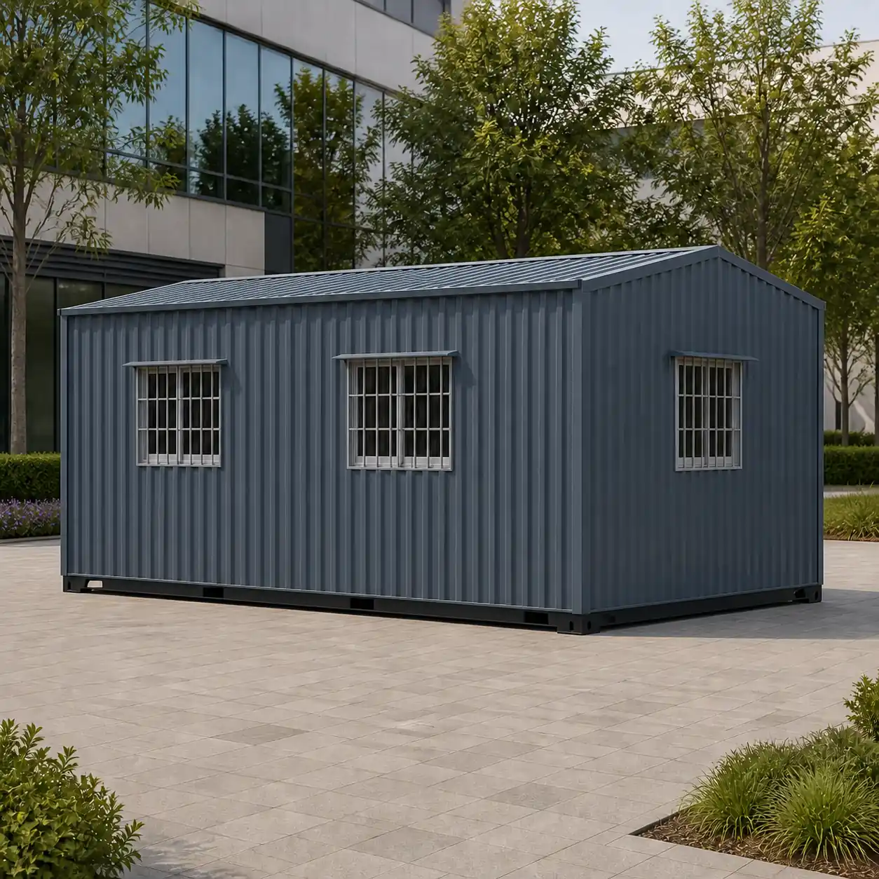 Rear of the 20×10 ft portable conference cabin: Wall B with two windows and one centred window on the end wall, no external door.