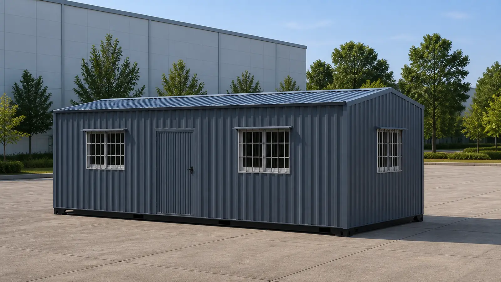A 20×10 ft portable conference cabin in slate blue-grey on a paved standing area: window, door and window along Wall A, a straight eave on the long wall and the shallow gable at the end.